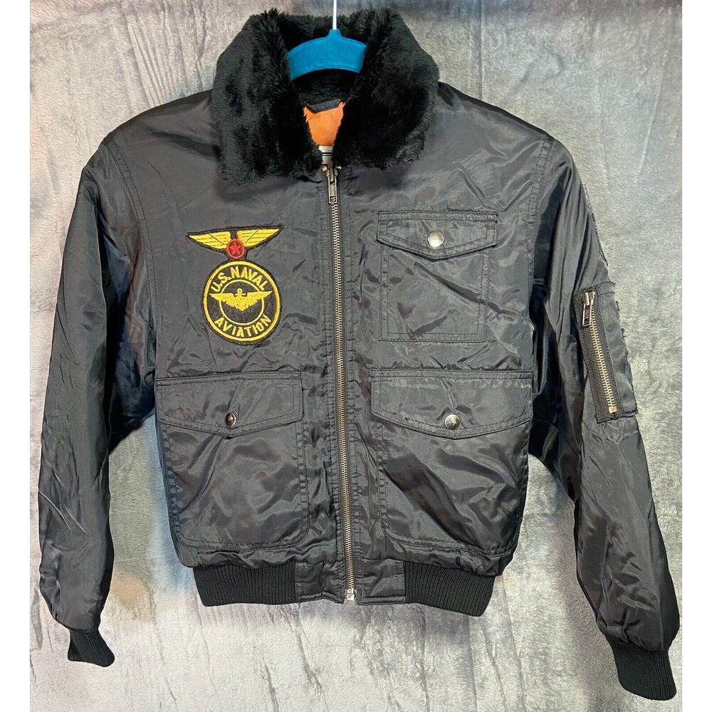 Vintage Tiger Bay Black US Naval Bomber Aviator Full Zip Jacket Kids 10-12 M